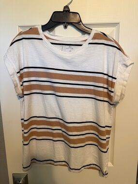 Joie White Tee with Tan and Black Stripes